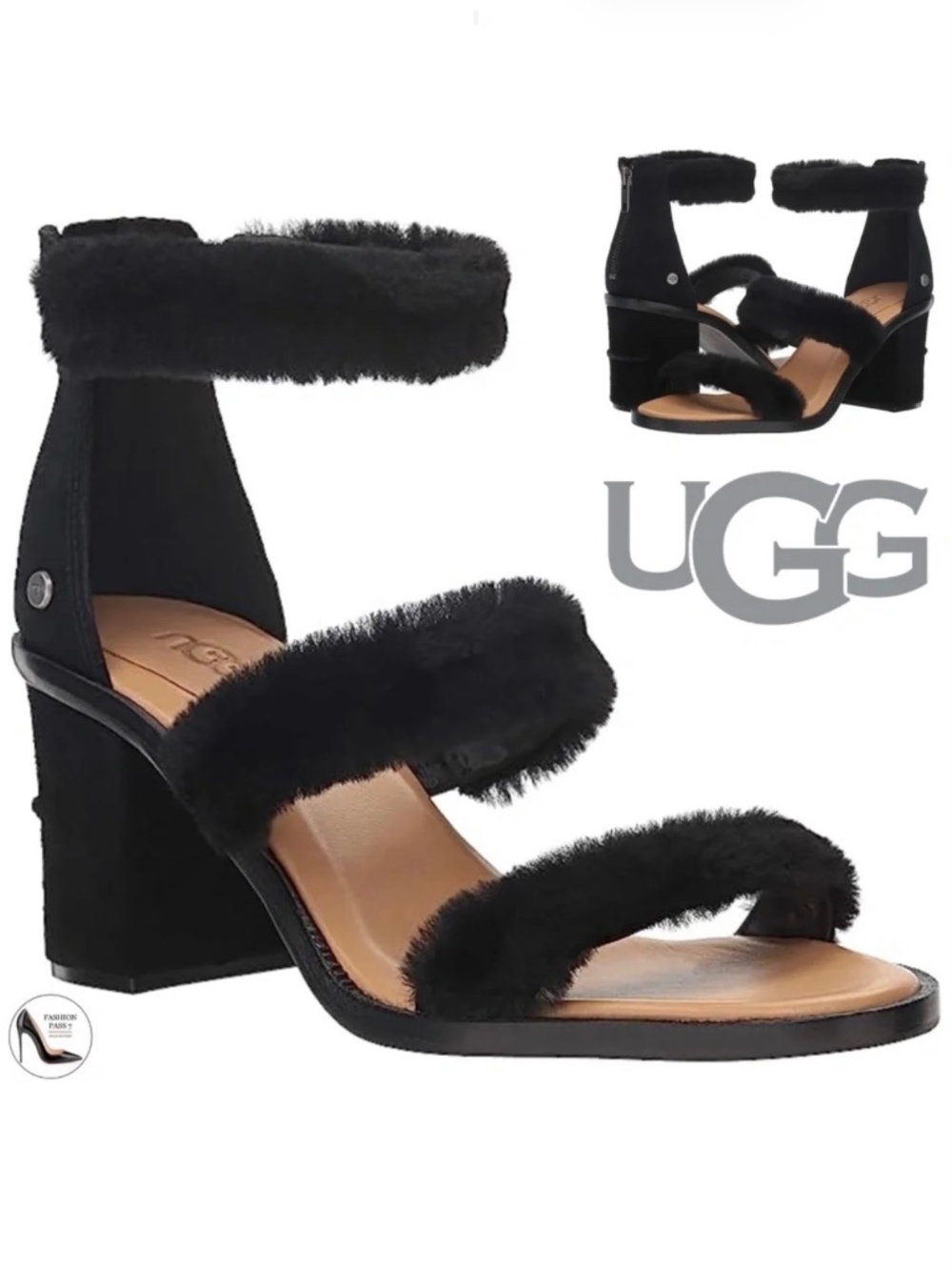 Ugg Del Rey Black Fluffy Sheepskin Block Heel Sandal Plush Strap Summer Shoes 37